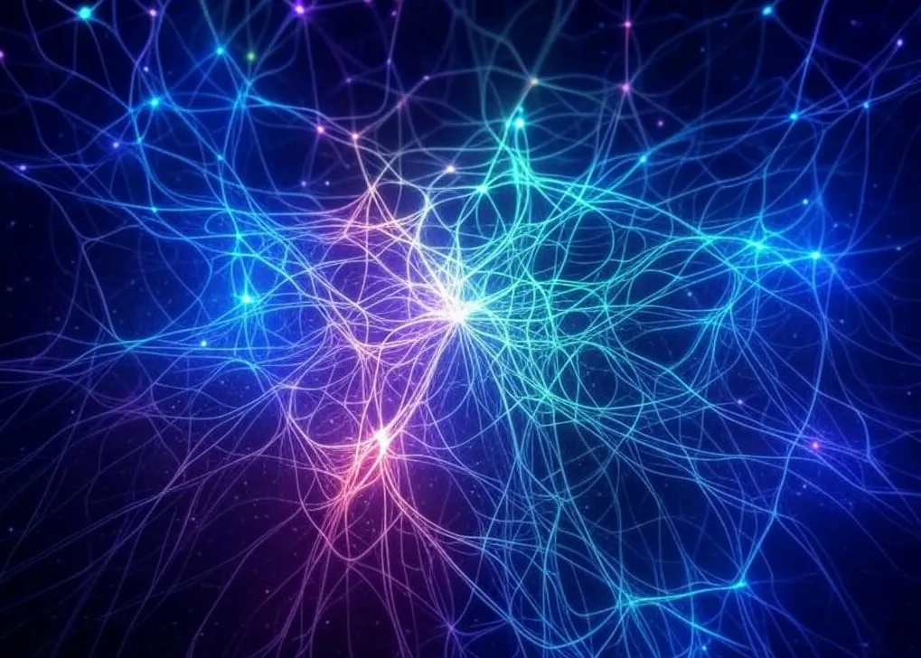 A vibrant, abstract representation of interconnected neural networks illustrated with glowing blue and purple lines against a dark background.